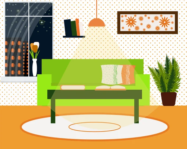 Sala de estar vector interior ilustración. Ambiente acogedor en el hogar. Buenas tardes. Vector de stock interior. Sofá, mesa de centro, estantería, ventana, flores en un jarrón de diseño plano — Vector de stock