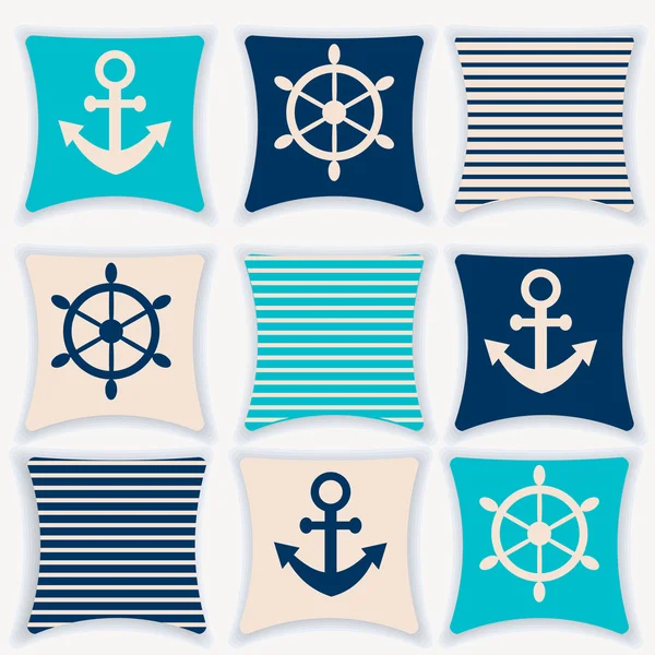 A pillow menu vector illustration. The design of the pillows on the marine theme. Pillow for flat interior design. Pillow on white background stock vector — Stock Vector