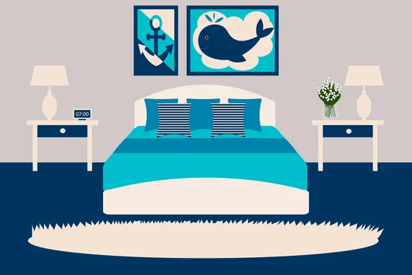 Hálószoba belső vektoros illusztráció. Hálószoba tengeri stílusban. A design a szobában, kék, kék és fehér — Stock Vector