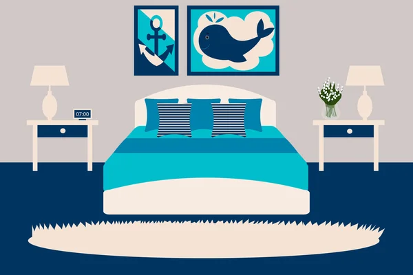 Quarto interior vetor ilustração. Quarto em um tema náutico. O design da sala em azul, azul e branco — Vetor de Stock