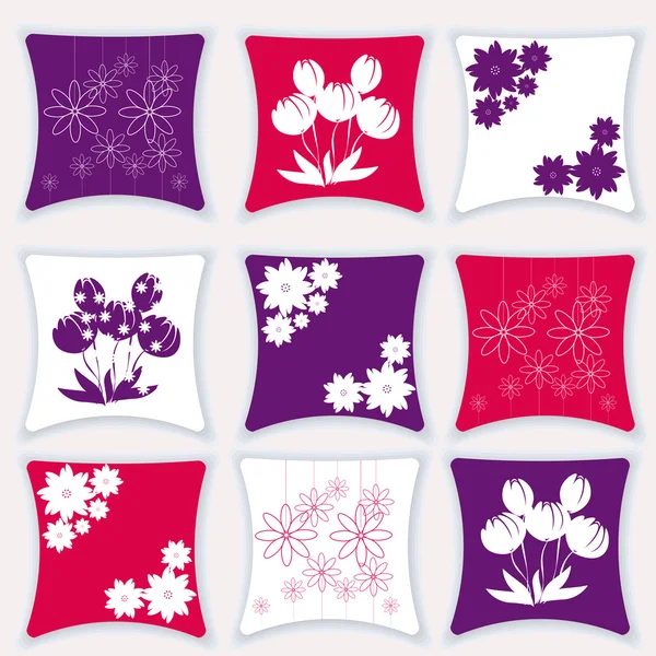 Ilustração do vetor de travesseiro. Conjunto de almofadas com flores. Almofada de design com diferentes padrões —  Vetores de Stock