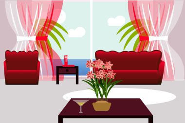 Oturma odası iç. Vektör çizim kanepe koltuk ve sehpa ile birlikte modern bir oturma odası. Düz tasarım