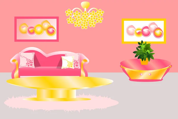 Interior da sala de estar com ouro. Sala de estar elegante em ouro e rosa. Mobiliário para sala de estar ilustração vetorial. Sofá, mesa, lustre e planta —  Vetores de Stock