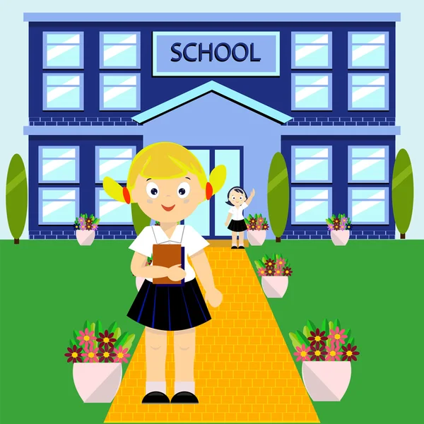 School building vector illustration. Students go to school. Flat style — Stock Vector