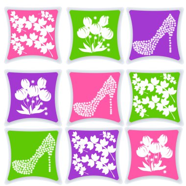 Set of cushions for interior vector illustration. Pillow isolated on white background. Pillow, leaves pattern. Pillow pattern slipper. Pillow pattern flowers clipart