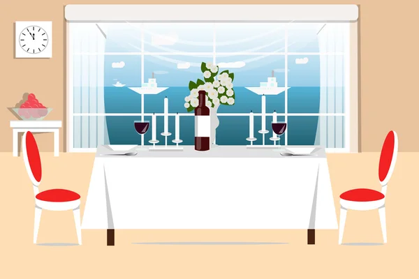Het interieur van de eetkamer vectorillustratie. Vlakke stijl. Eetzaal met uitzicht op zee — Stockvector