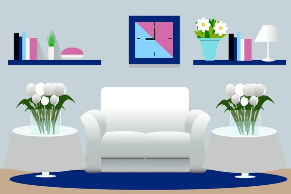 stock vector Living room interior vector illustration. Sofa, table, flowers, bookshelf, lamp, carpet. Flat design