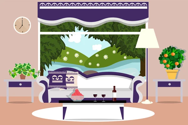 Salón interior de estilo plano. Cómoda sala de estar vector ilustración — Vector de stock