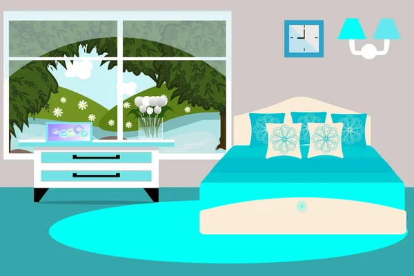 寝室インテリアのベクター イラストです。青い色のベッドルーム — ストックベクタ