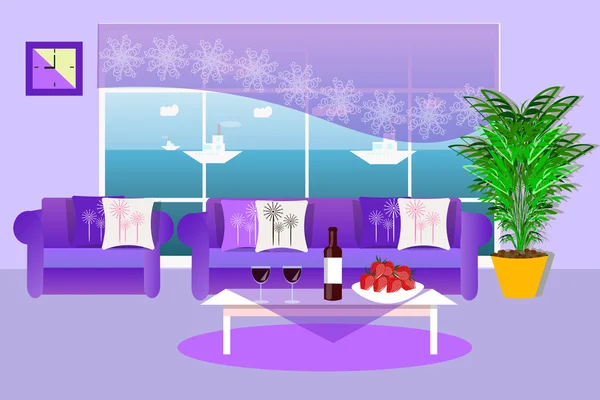 Sala de estar vector interior ilustración, muebles, planta, vista al mar — Vector de stock