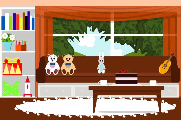Sala de estar vector interior ilustración. Té, pastel, té, muebles — Vector de stock