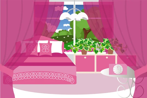 Schlafzimmer Interieur, rosa Farbvektorillustration — Stockvektor