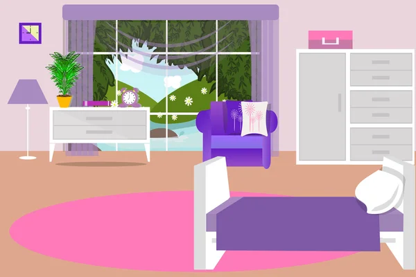 Bedroom interior vector illustration. Bed, chair, wardrobe — Stock Vector