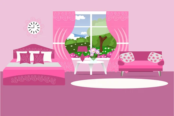 Quarto interior vetor ilustração. Quarto na cor rosa. Mobiliário para decoração de quarto — Vetor de Stock