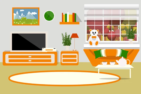 Sala de estar vector interior ilustración. Muebles de salón, sofá, mesa, estante, TV, alfombra, dibujos animados — Vector de stock