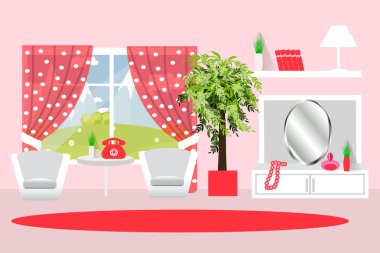 Oturma odası iç vektör çizim. Sandalye, Masa, pencere, ayna, bitki, düz