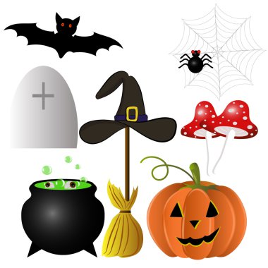 Cadılar Bayramı vektör çizim için ayarlayın. Mutlu Cadılar Bayramı öznitelikleri bir tatil için