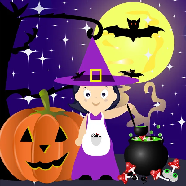 Feliz Halloween vector ilustración. Bruja cocinar una poción mágica de dibujos animados — Vector de stock