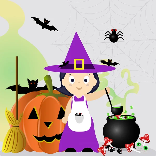 Feliz Halloween vector ilustración. Pequeña caricatura de bruja y caldero. Banner Halloween — Vector de stock