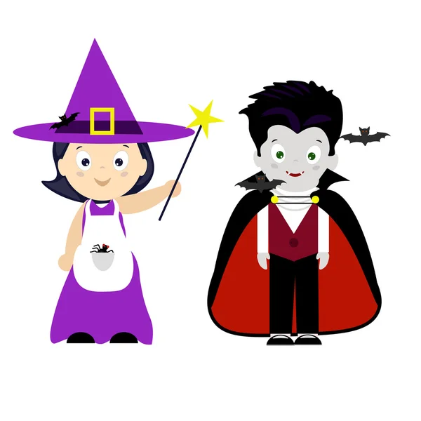 Feliz Halloween vector ilustración. Niños disfrazados. El vampiro y la brujita. Tarjeta para niños con disfraces — Vector de stock