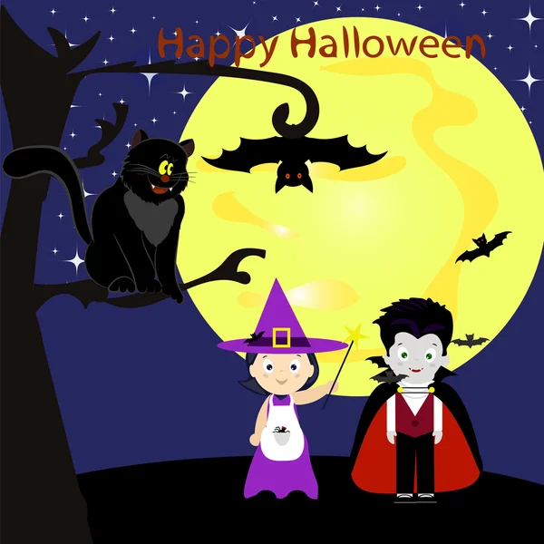 Feliz Halloween vector ilustración. Niños disfrazados. La bruja y el vampiro — Vector de stock
