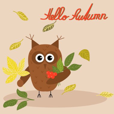 Merhaba sonbahar yazıt el ile yaptı. Sonbahar bir buket sevimli baykuş vektör çizim bırakır