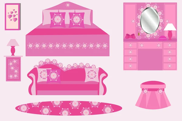 Schlafzimmer Interieur Vektor Illustration. Möbel für Mädchen. Schlafzimmer rosa Farbe — Stockvektor