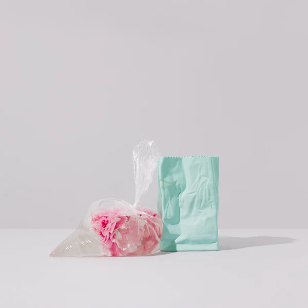 Pink peony flowers in a plastic freezer bag filled with water leaning against blue ceramic vase on a grey background. Surreal art direction floral still life. Abstract rose flower concept.