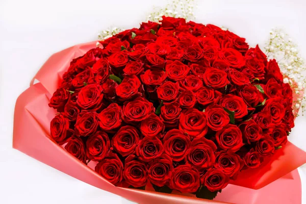 Vörös Rózsák Egy Hatalmas Gyönyörű Csokor Ünnep Természetes Háttér Természetes — Stock Fotó