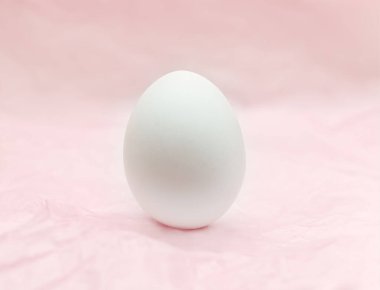 Pembe arka planda beyaz tavuk yumurtası. Paskalya tatili ön şartı. Yukarıdan görüntüle