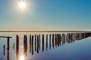 Genichesk bölgesinin renkli pembe tuz gölünün manzarası, Arapatskaya Strelka 'nın kuzeyinde yer almaktadır, Ukrayna
