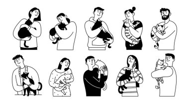 Şirin kedileri olan bir sürü farklı insan. Evcil hayvanlar. Beyazlar üzerinde izole edilmiş, hayvanlı kadın ve erkeklerin vektör doğrusal çizimi