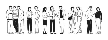 İletişim kuran küçük, çeşitli insan grupları. İlişkiler, sohbet, arkadaşlık. Vektör doğrusal illüstrasyon.