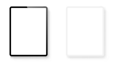 Gerçekçi tablet bilgisayar modelleme seti. Tablet PC kil ve gölgeli gerçekçi ön görünüm. Elektronik aygıt - hisse senedi vektörü.