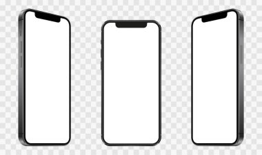 Saydam ekranlı gerçekçi modeller akıllı telefon. Akıllı telefon model koleksiyonu. Aygıt ön görünümü. Şeffaf arkaplanda gölgesi olan 3D cep telefonu - stok vektörü.