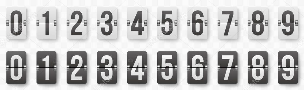 Realistic flip countdown clock counter timer. Countdown numbers flip counter. Retro style flip clock or scoreboard mechanical numbers - stock vector.