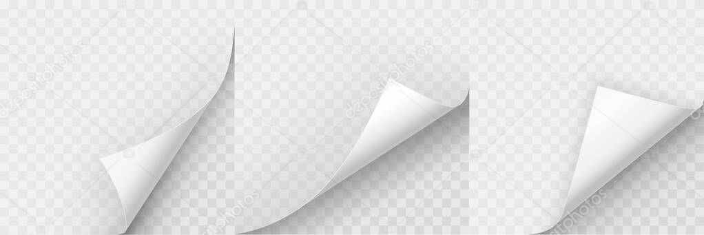 Realistic curled paper corners set. Mockup pages edge curl and bent papers. Curly page corner A4. 3D Page Curl with shadow - stock vector.