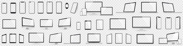 大型写实主义计算机 笔记本电脑 平板电脑和智能手机 设备屏幕模拟集合 现实地模拟计算机 笔记本电脑 平板电脑 带隐藏向量的电话 — 图库矢量图片
