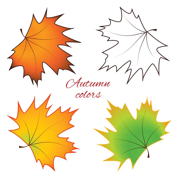 Feuilles d'automne vectorielles isolées orange vif, vertes et jaunes avec silhouette noire et blanche — Image vectorielle