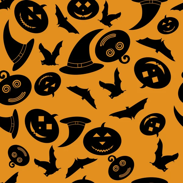Varrat nélküli mintát halloween - tök, boszorkány kalap, denevérek - háttér vektor illusztráció — Stock Vector
