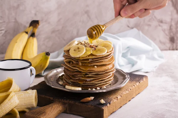 Pile of pancakes with ingredients — Stock Photo, Image