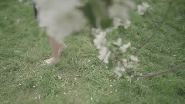 Çıplak ayakla çimlerde kızla — Stok video