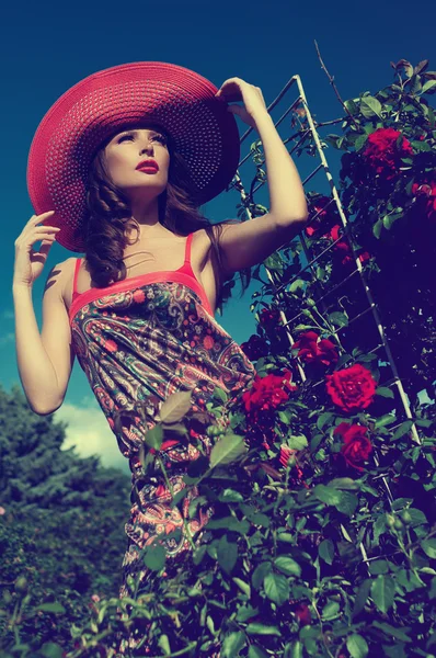Dziewczyna obok krzak róż — Zdjęcie stockowe