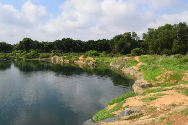 Rotsachtige lake met enkele stenen en gras in de bank — Stockfoto