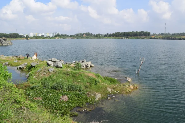 Rotsachtige lake met enkele stenen en gras in de bank — Stockfoto