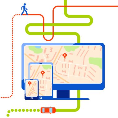 Pin li web haritasını gezinme. Araba ve yaya için rota.