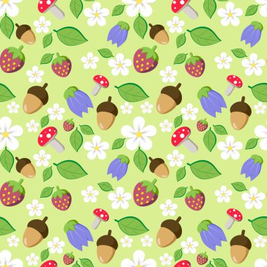 Orman çiçekler, mantar (amanita), yaprakları ve meşe palamutları çocuklar için seamless modeli.