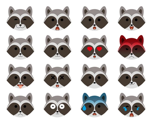 Ensemble d'émoticônes. Moderne minimaliste plat émoticônes raton laveur (emoji) ensemble. Avatar animal ou têtes emoji. Raton laveur avec des émotions différentes. Isolé sur fond blanc . — Image vectorielle