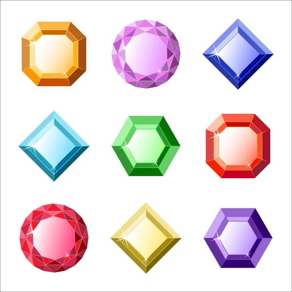 Set von Vektor-Edelsteinen und Diamanten-Symbolen in verschiedenen Farben mit unterschiedlichen Formen für ein Spiel — Stockvektor