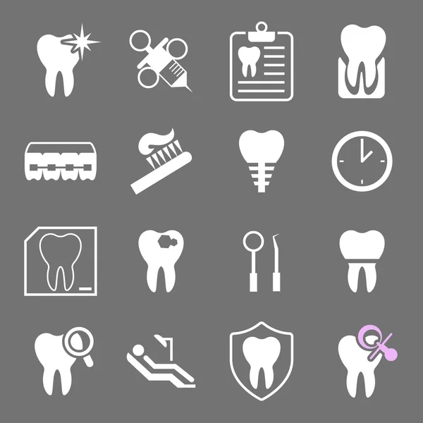 Set of white flat dental icons. Types of dental clinic services, equipment for dental care, dental treatment and prosthetics. Children's dentistry. — Stock Vector